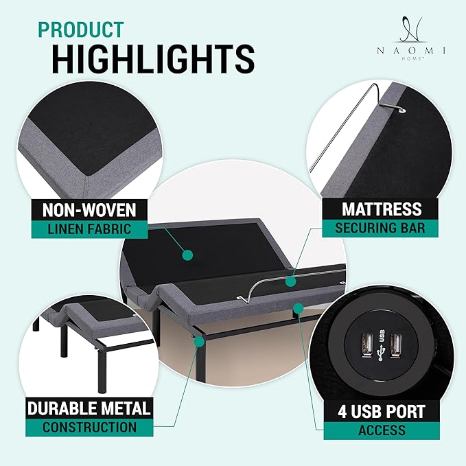Naomi Home Idealbase Queen Adjustable Bed Frame with Lumbar Support & Head Tilt, Foot Incline, Back & Leg Massage, USB Ports,Wireless Remote, Ergonomic Zero-Gravity Smart Bed