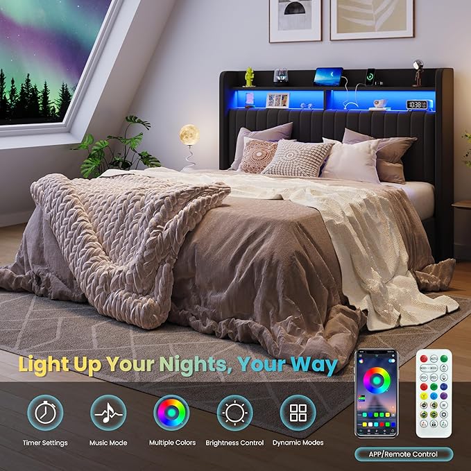 SHA CERLIN Full Size Lift Up Storage Bed Frame/LED Lights/Charging Station/2-Tier Shelves Headboard/USB,Type-C Ports/Velvet Upholstered/Hydraulic Support/No Box Spring Needed/Noise Free/Black