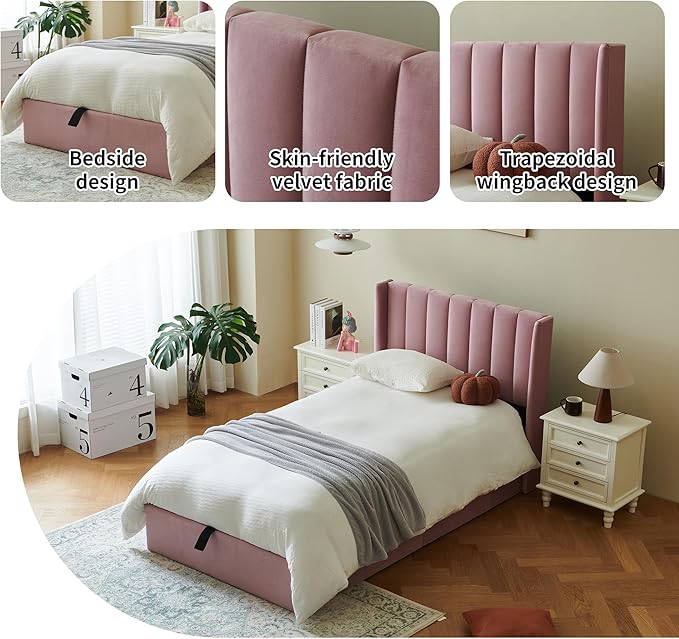 YUHUASHI Queen Size Hydraulic Storage Bed, Upholstered Platform Bed Frame, Modern Wingback Design Headboard, Velvet Fabric with Hydraulic Support Bars, No Box Spring Required (Pink, Twin)