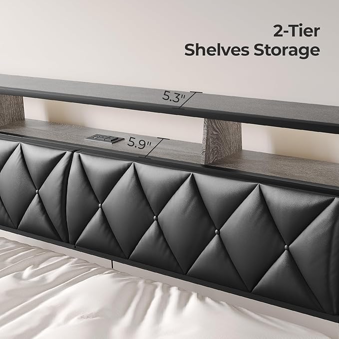 Full Headboard Only, Headboard for Full Size Bed with Storage, Upholstered Headboards with LED Lights & Charging Station, Attach Frame, Ideal for Bedroom/Dorm/Guest Room, Black, Faux Leather