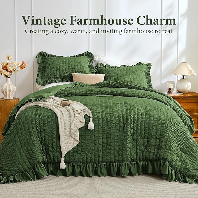 JOLLYVOGUE Dark Green Comforter Full Size, 3 Pieces Seersucker Lightweight Full Size Bedding, All Season Fluffy Microfiber Bedding Comforter Set with 1 Ruffle Comforter and 2 Ruffle Pillowshams