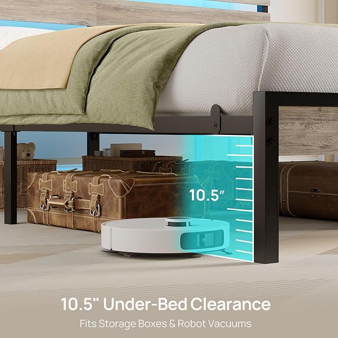 Rolanstar Bed Frame Full Size with USB Charging Station, LED Bed Frame with Wood Storage Headboard, Light Grey Metal Platform Bed with Under Bed Storage, No Box Spring Needed, Noise Free