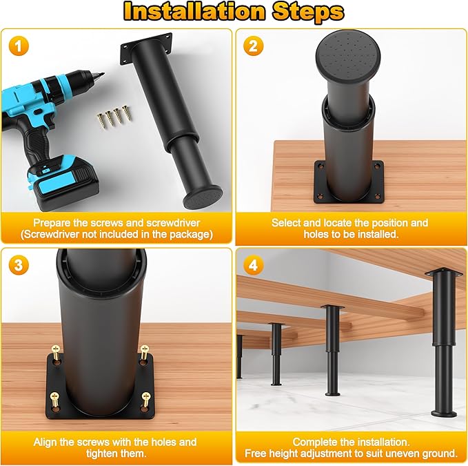 Wlrrcwdttc 4 Pcs Adjustable Bed Support Legs for Bed Frame/Bed Center Slat, Metal Adjustable Furniture Legs 7.08-13 inch for Bed/Sofa/Cabinet/Couch/Dresser/Table, Thickened Heavy Bed Replacement Legs