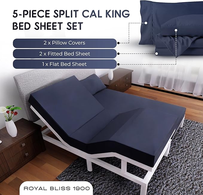 Split California King Sheets Sets - 5 Pcs Set - Cal King Split Adjustable Bed Sheets -Split California King Sheets Sets for Adjustable Bed -Split Cal King Sheets (Navy Blue)
