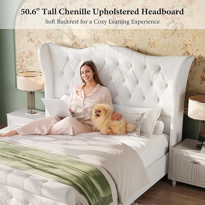 koorlian Queen Size Bed Frame,Chenille Upholstered Sleigh Bed with Scroll Wingback Headboard & Footboard,Luxury & Soft Button Tufted Queen Modern Bed,Easy Assembly,No Box Spring Needed