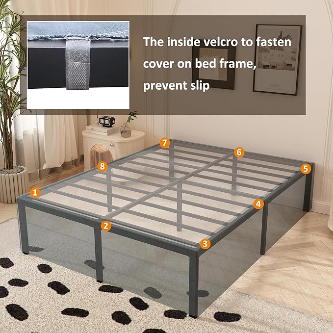 Maenizi Queen Bed Frame with Fabric Cover 18 Inch, Heavy Duty Metal Bed Frame Queen Size, No Box Spring Needed, Support Up to 3000 lbs, Easy Assembly, Noise Free, Black