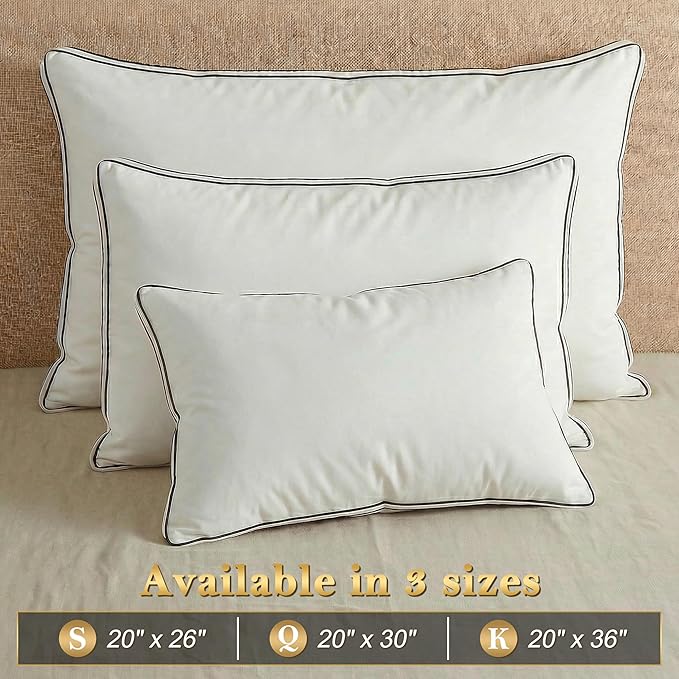 Feather Pillows Queen Size Set of 2 Goose Down Pillows with 100% Breathable Cotton Cover, Hotel Collection Bed Pillows for Sleeping, Soft Support for Back, Stomach and Side Sleepers