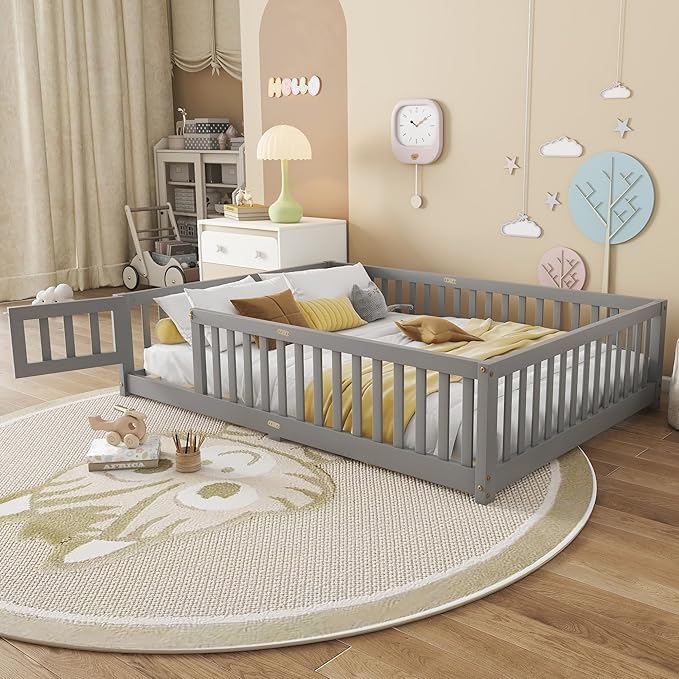 Bellemave Full Size Floor Bed with Slats and Safety Guardrail, Full Size Montessori Floor Bed with Fence and Door, Easy Assemble Montessori Beds for Kids, Girls, Boys, Gray