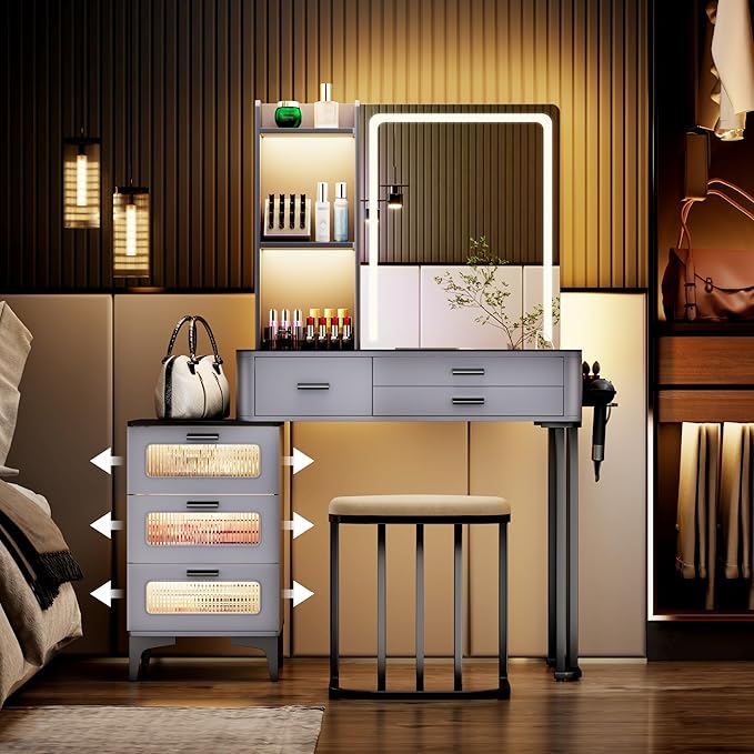 Makeup Vanity Desk with Mirror Lights: Vanity Table with Wireless Charging Station Mobile Dressing Table with Glass Top Design & Hair Dryer Holder Girls Grey Vanity Gift for Bedroom