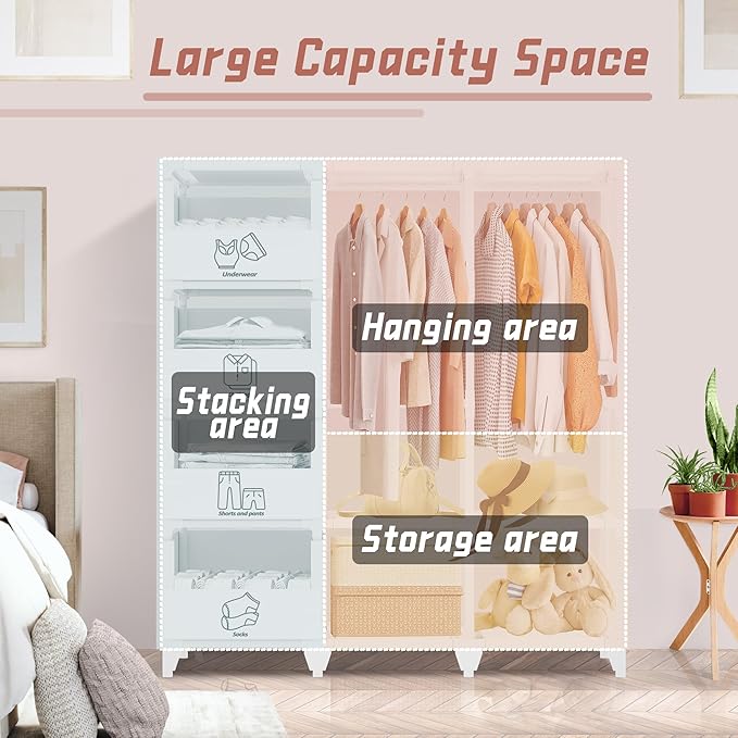 Portable Closet, Easy Assembly, Large Capacity Wardrobe Closet, Sturdy and Stable Clothes Rack with Shelves 4 Storage Baskets and 2 Hanging Rods, for Bedroom and Cloakroom White