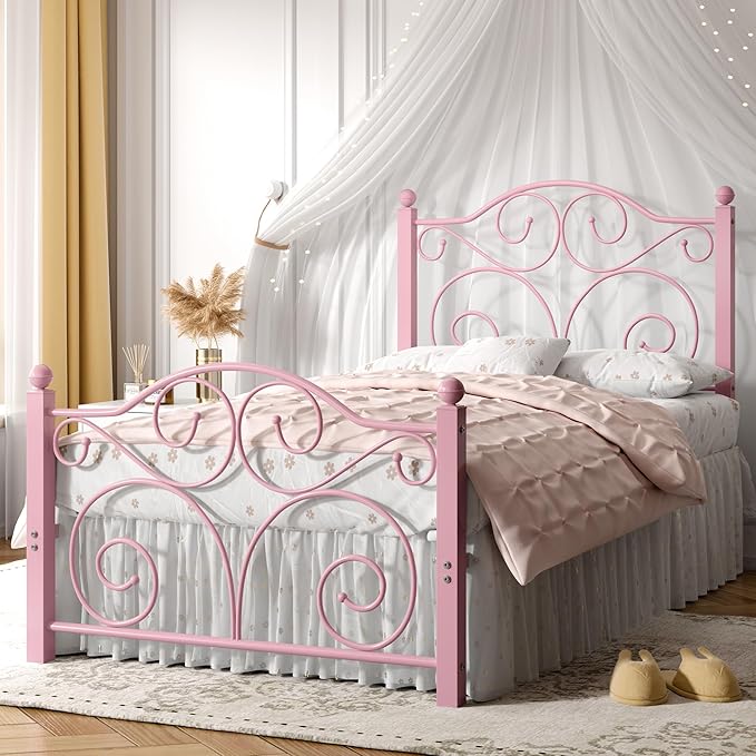 VECELO Twin Size Bed Frame with Headboard and Footboard, Heavy Duty Metal Slat Support, Platform Mattress Foundation, No Box Spring Needed, Easy Assembly, Pink