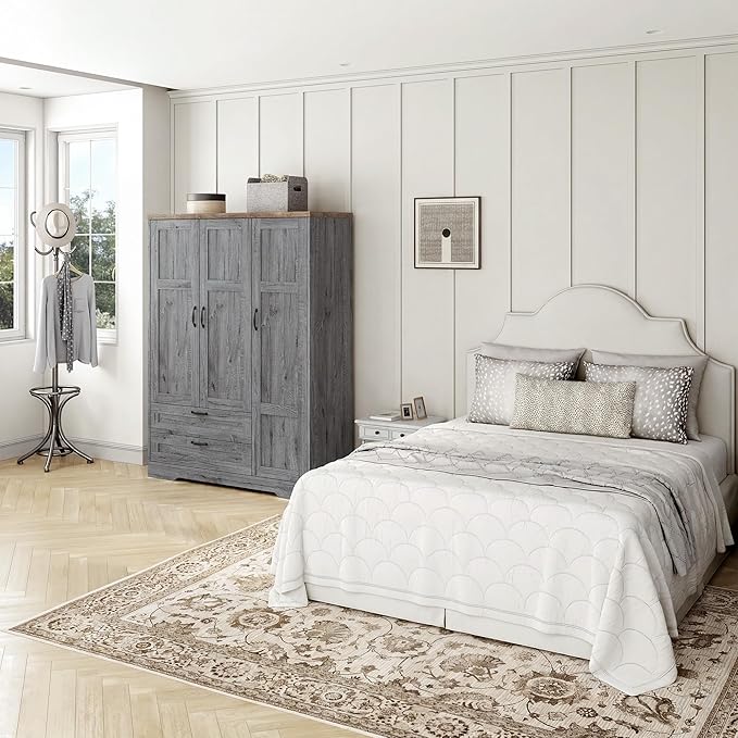 Yechen 3-Door Wooden Armoire Wardrobe Closet with Drawers and Shelves, Bedroom Armoires with Mirror for Hanging Clothes, Coat, Farmhouse Wardrobe Cabinet for Large Storage Needed