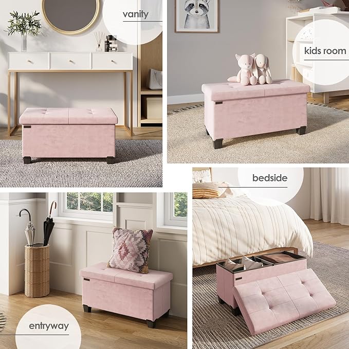 Storage Ottoman Bench with Bins, 30-in Storage Bench for Bedroom End of Bed, Folding Foot Rest Ottoman for Living Room Max 660lbs, Velvet Ottomans, Pink