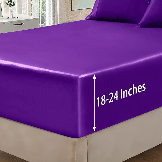 Homiest 4pcs Extra Deep Pocket Satin Sheets Full Size Bed Set, 18-24 Inch Deep Pocket Bed Sheets Purple Satin Sheet Set, Silky Satin Bedding Set Luxury Fitted Sheet Set Fits Ultra Deep Mattress