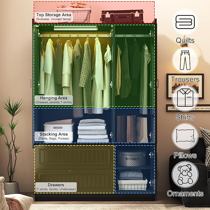 Squireewo Vertical Grooved Style 3 Doors Wardrobe Closet Armoire with Mirrors and LED Lights, 70.3" H Modern Wooden Bedroom Armoires with 2 Drawers, Large Capacity Freestanding Armoire, Black