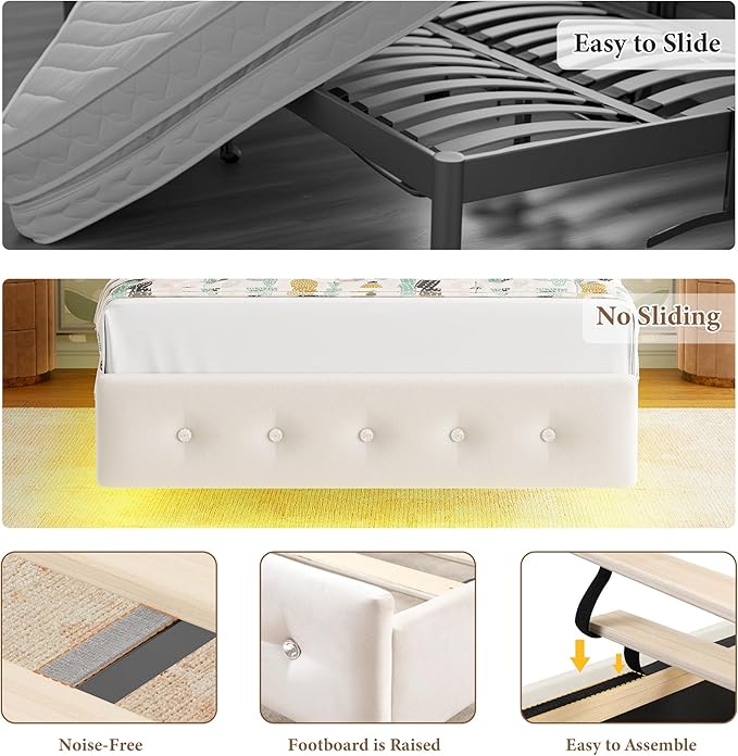 Keyluv Twin Bed Frame Butterfly-Pattern Upholstered Headboard, Modern Floating Bed with LED Lights Button Tufted on Headboard and Footboard, Slats Support No Box Spring Needed, Noise-Free, Beige