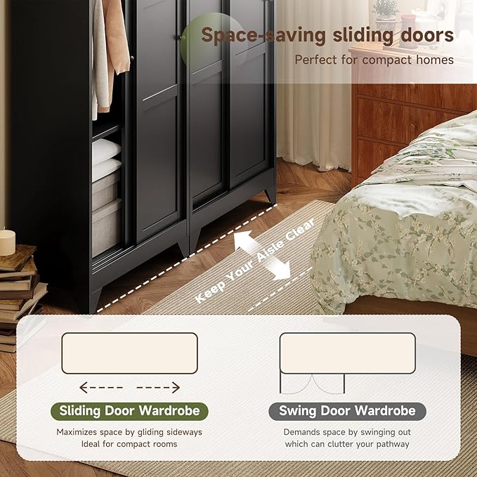 Letaya Armoire Wardrobe Closet,20" Deep Armoire Wardrobe Cabinets with Sliding Doors and Shelves,Narrow Slim Coat Closet Cabinet with Hanging Rod for Home(Black)