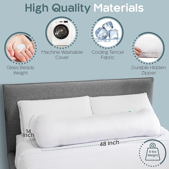 SleepCloud Weighted Body Pillow 8lbs - Weighted Pillow for Deeper Sleep (48” x 14”) - Cooling Body Pillows for Adults, Full Body Pillow for Adults, Side Sleeper Body Pillows with Cover (X-Large/White)