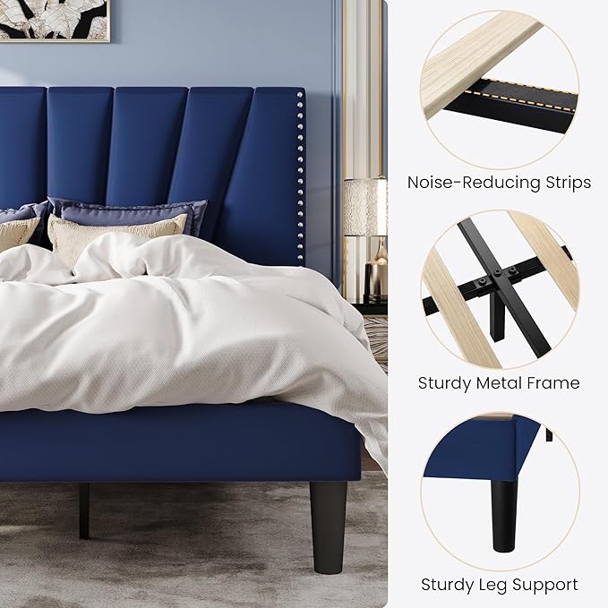 SHA CERLIN King Size Bed Frame with Adjustable Upholstered Velvet Rivets Headboard, Sturdy Wooden Slats, Strong Platform Support for Mattress, No Box Spring Needed, Easy Assembly, Blue