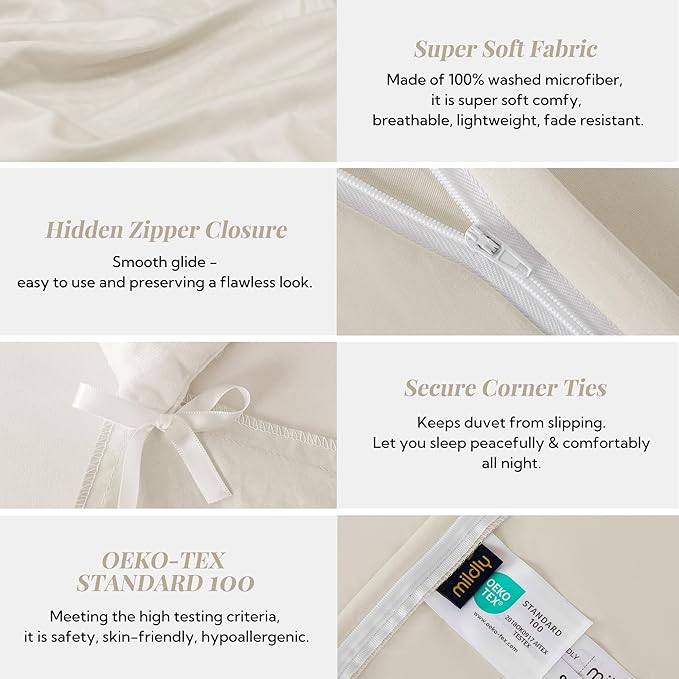 MILDLY Super Soft Duvet Cover - 100% Washed Microfiber Beige Comforter Cover Set 3 Pieces with Zipper Closure & Corner Ties (No Comforter)