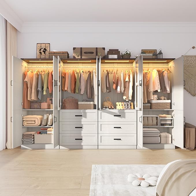 75" Tall Farmhouse 8 Doors Armoire Wardrobe Closet with 6 Drawers and LED,Freestanding Closet Wardrobe Cabinet for Bedroom with Hanging Rod,Wooden Armoire Storage Cabinet(Rustic Off White 8 Doors)
