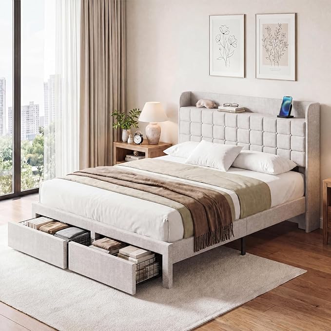 DUMOS Full Size Upholstered Platform Bed Frame, Full Bed with Storage Drawers and Fabric Headboard, Wooden Slats Support, 882 lbs Weight Capacity, No Box Spring Needed, Easy Assembly, Beige
