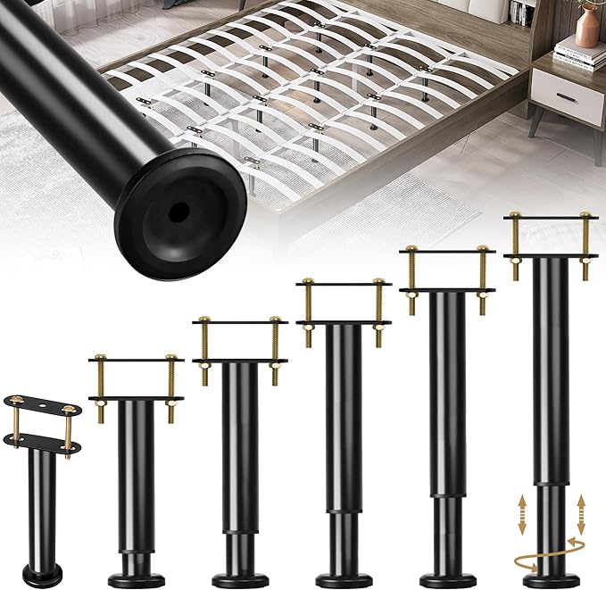6 Pcs Adjustable Height Bed Support Legs, 10-16.5 Inch Metal Under Bed Frame Support Legs, Extra Sturdy Bed Legs Replacement Parts with Rubber Non-Slip Base for King Queen Frame Wooden Center Slat