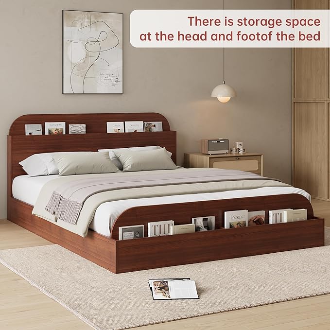 Garvee Full Size Bed Frame with Storage Headboard and Raised Footboard – Wooden Full-Floor Low Platform Bed for Bedroom, Heavy Duty & Noise Free, No Box Spring Needed, Red Peach Wood