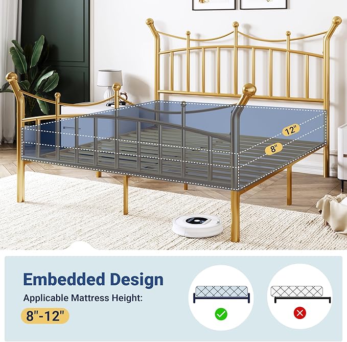 Allewie 14 Inches Full Size Metal Platform Bed Frame with Elegant Crown Iron-Art Headboard & Footboard, Sturdy Mattress Foundation with Under-Bed Storage, Easy Assembly, No Box Spring Needed, Gold