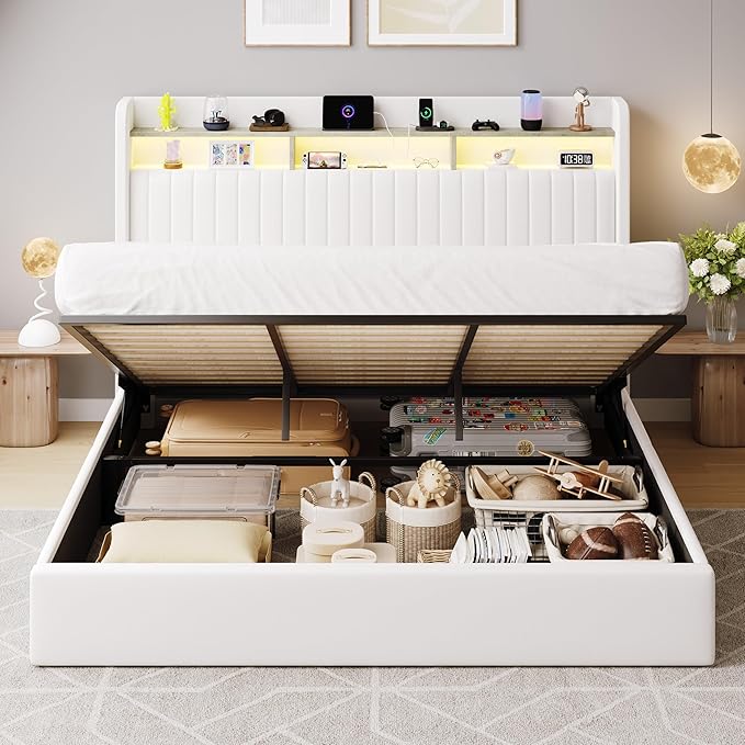 SHA CERLIN King Size Lift Up Storage Bed Frame/LED Lights/Charging Station/2-Tier Shelves Headboard/USB,Type-C Ports/Velvet Upholstered/Hydraulic Support/No Box Spring Needed/Noise Free/White