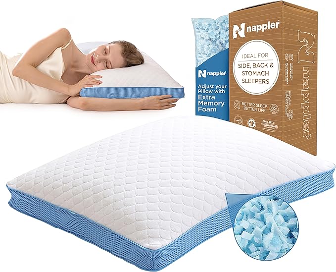 Nappler Side and Back Sleeper Pillow for Neck and Shoulder Pain Relief - Shredded Memory Foam Bed Pillow for Sleeping - 100% Adjustable Fill - Queen Size - Modal Washable Case. Extra Fill Included