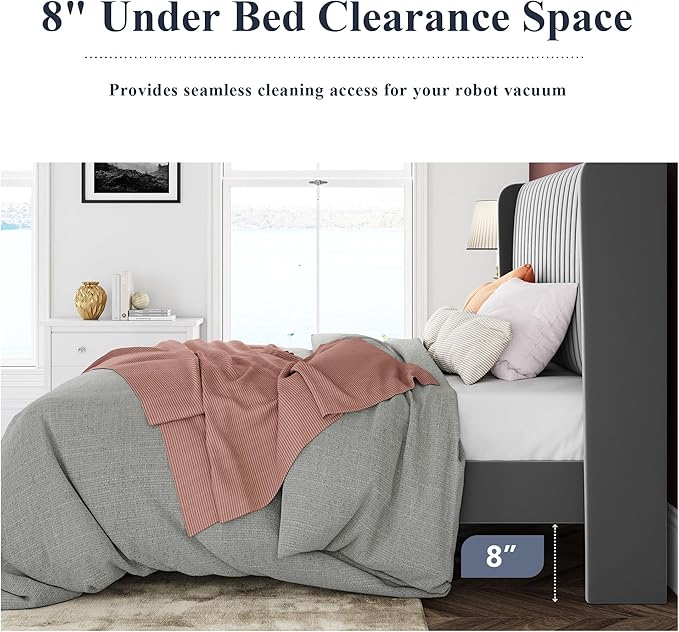 Allewie Full Size Velvet Bed Frame/Vertical Channel Tufted Wingback Headboard/Upholstered Platform Bed/Strong Wooden Slats/No Box Spring Needed/Easy Assembly/Grey