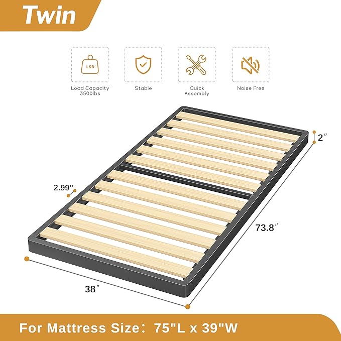 MAF 2 Inch Twin Box Spring with Round Corners, Low Profile Box Spring Twin Size, Bunkie Board with Wood Slats Bed Slat Replacement 3500 lbs Black Heavy Duty Metal Mattress Foundation, Easy Assembly