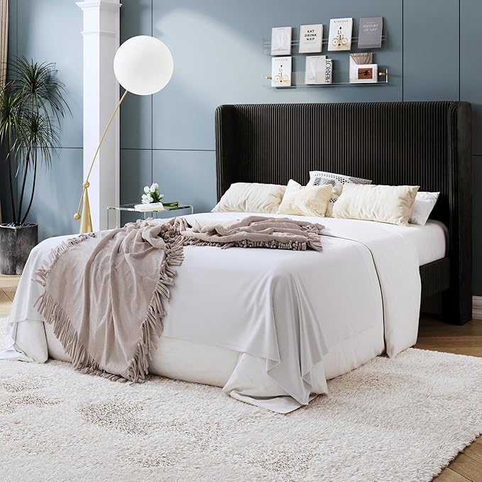 SHA CERLIN Queen Size Corduroy Upholstered Platform Bed Frame with Vertical Channel Tufted Wingback Headboard, 8" Under Bed Storage, Wooden Slats & Metal Frame Support, Easy Assembly, Black