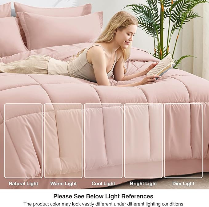 Love's cabin Twin Comforter Set Blush Pink, 5 Pieces Twin Bed in a Bag, All Season Bedding Sets with 1 Comforter, 1 Flat Sheet, 1 Fitted Sheet, 1 Pillowcase and 1 Pillow Sham | Soft, Breathable, Lightweight, Comfortable