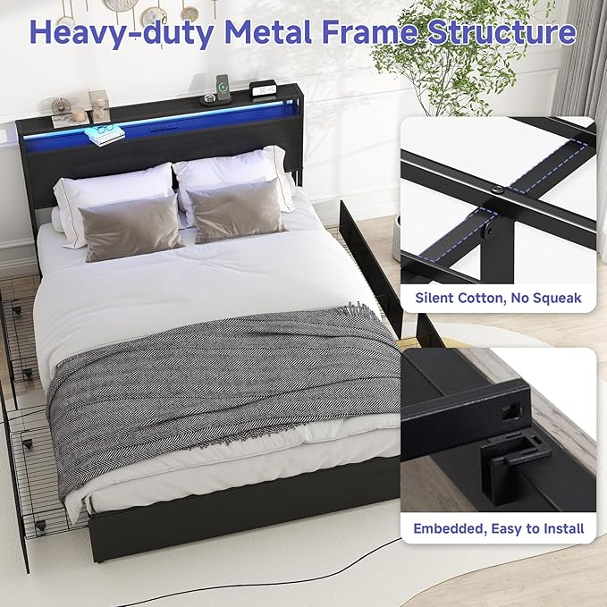 Zevemomo Queen Bed Frame with 4 Storage Drawers, Queen Size Bed Frame with Headboard, LED, Charging Station with USB Ports & AC Outlets, Sturdy Metal Slat Support, No Noise, Black