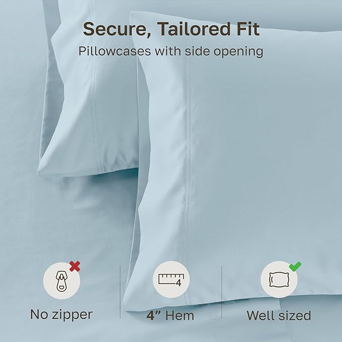 California Design Den Queen Size Pillow Cases Set of 2 - Premium 600 Thread Count, 100% Cotton Queen Pillow Covers, Breathable Sateen, Fits Standard & Queen Pillows - Sea Mist Blue