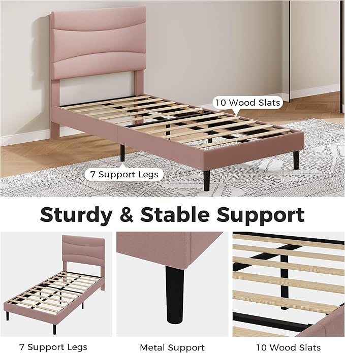 GarveeHome Twin XL Modern Upholstered Bed Frame with Soft Padded Headboard,Sturdy Metal Steel Slat Support, Noise-Free Quiet Design,Easy Assembly,Heavy Duty Stable Bed Frame(Pink)