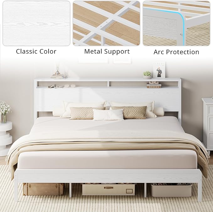 LIKIMIO King Bed Frame with Headboard, Wood Camas King with Strong Supports, Sturdy, Noise-Free, No Box Spring Needed, White