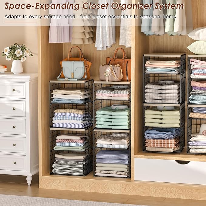 4-Tier Stackable Closet Organizers and Storage, Adjustable Dividers & Wood Top Storage Shelves for Clothes, Wardrobe & Closet Storage Basket Bins/Cube, Space-Saving Closet Organizer System, Black