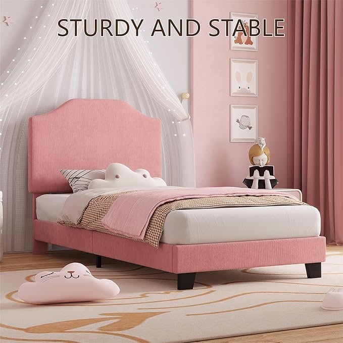 Twin Bed Frames, Corduroy Upholstered Twin Bed Frame with Cute Adjustable Headboard, Fabric with Strong Wooden Slats Support, No Box Spring Needed, Easy Assembly, Pink