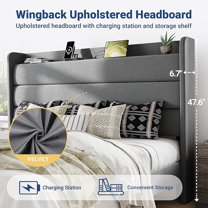 Allewie King Size Upholstered Bed Frame with Charging Station & Storage Headboard, Soft Velvet Wingback Platform Bed, Strong Wooden Slats Support, No Box Spring Needed, Easy Assembly, Light Grey