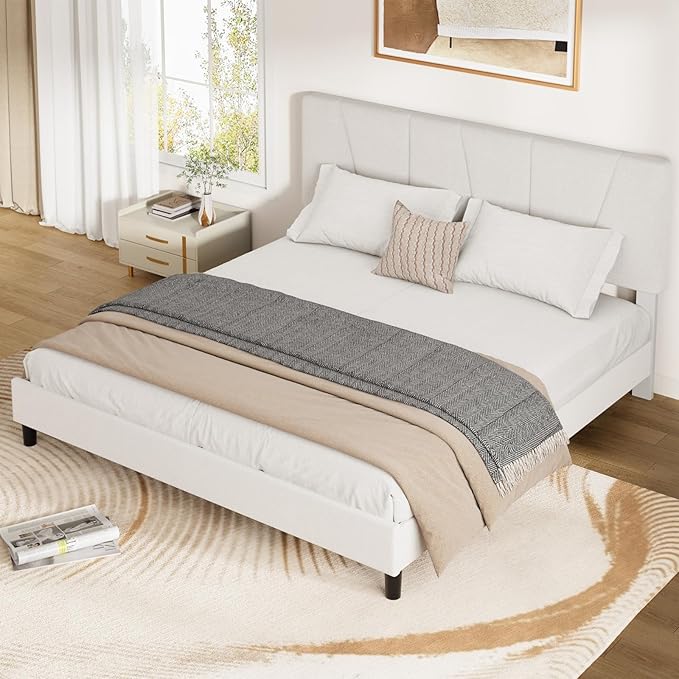 King Size Upholstered Platform Bed Frame with Adjustable Headboard, Fits 8-14 Inch Mattress, Heavy Duty Bed Frame with Wooden Slats Support, Noise-Free, Non-slip, No Box Spring Needed, Easy Assembly