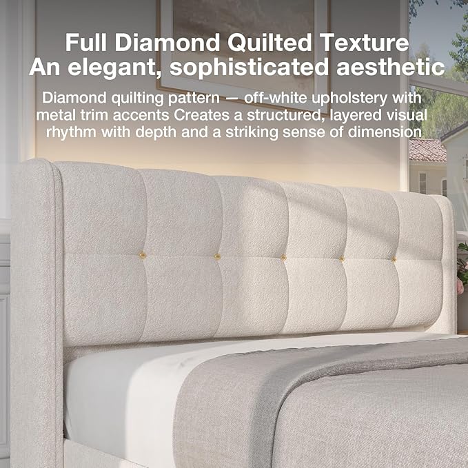 Novilla King Size Bed Frame with Charging Station & LED Lights, Upholstered French Luxury Platform Bed with Wingback Headboard, Lamb Wool Fabric, No Box Spring Needed, Easy Assembly, Cream White