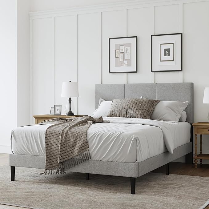 Full Size Bed Frame with Headboard, Fabric Upholstered Platform Bed Frame, Sturdy Slatted Support for Springless Mattresses, Silent Operation, Easy to Assemble, Gray