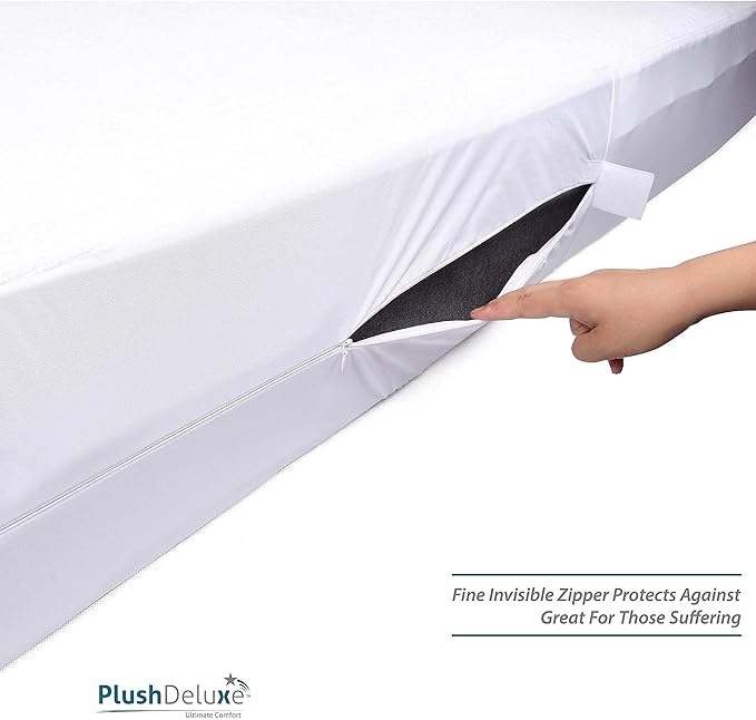 PlushDeluxe Queen Size Premium Mattress Encasement - Zippered Waterproof, Bedbug Proof Design, 6-Sided Protection - Hypoallergenic Cotton Terry Fabric 9-12" Depth