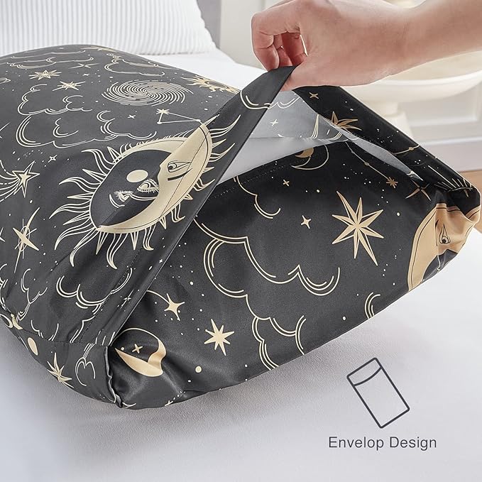EXQ Home Satin Pillowcase for Hair and Skin - Black Printed Silk Pillowcase 2 Pack 20x26 inches - Standard Satin Pillow Cases Set of 2 with Envelope Closure, Gifts for Women Men
