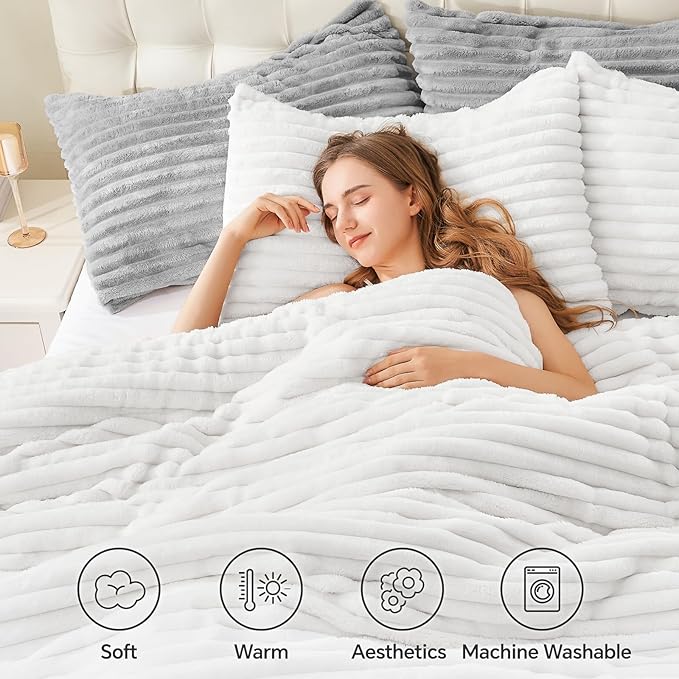 BEDELITE Fleece Twin Comforter Set -Super Soft & Warm Fluffy Bright White Bedding, Luxury Fuzzy Heavy Bed Set for Winter with 1 Pillow case