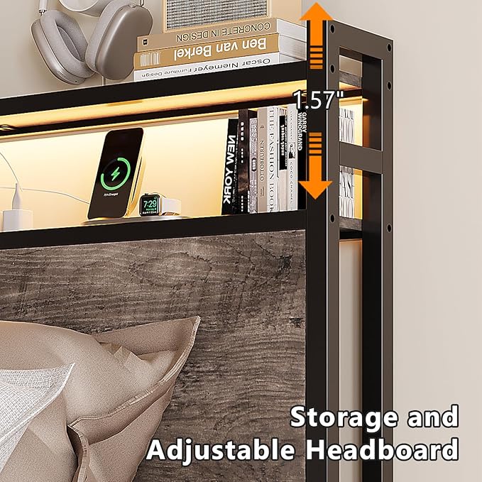VINGLI King Bed Frame with 4 Storage Drawers and Adjustable Headboard Shelf, Metal Platform Captain Bed with Charging Station and RGB LED Lights, No Box Spring Needed, Noise Free, Wash Grey