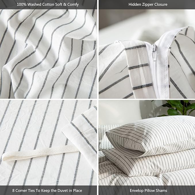 MooMee Striped Duvet Cover Set 100% Washed Cotton Linen Like Textured Breathable Durable Soft Comfy (White Dark Grey Wide Stripes, Cal King 104"x98")